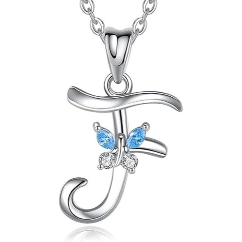Letter F Silver Butterfly Initial Elegant Necklace 18"
